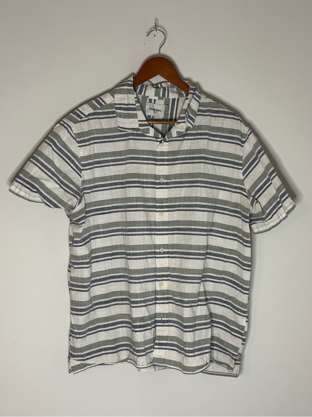 Goodfellow & Co White Short-Sleeve Button-Up Shirt with Gray & Green Stripes